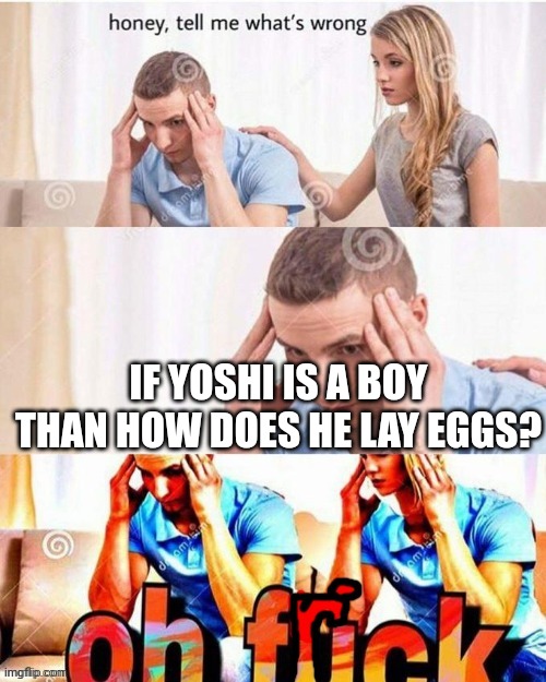 How? | IF YOSHI IS A BOY THAN HOW DOES HE LAY EGGS? | image tagged in oh frick | made w/ Imgflip meme maker