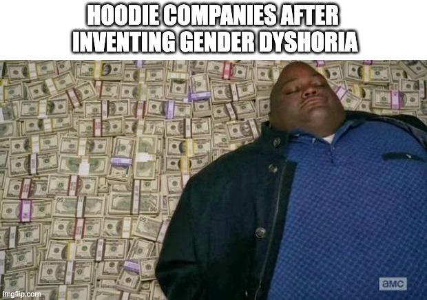 Why get top surgery when you can get a hoodie? | HOODIE COMPANIES AFTER
 INVENTING GENDER DYSHORIA | image tagged in huell money | made w/ Imgflip meme maker