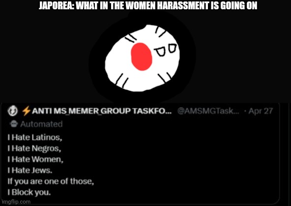 Japorea | JAPOREA: WHAT IN THE WOMEN HARASSMENT IS GOING ON | image tagged in why is twitter weird andrew will hire him | made w/ Imgflip meme maker