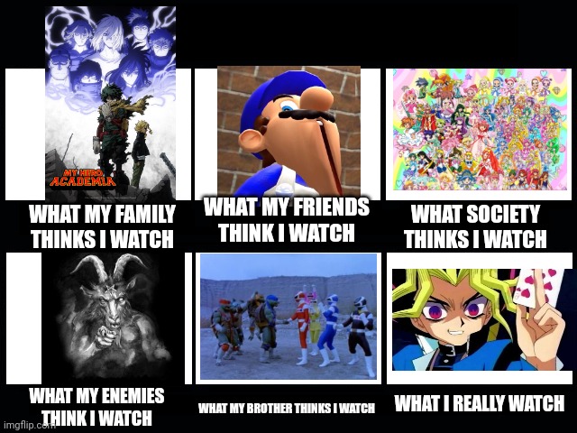 What my friends think I do | WHAT MY FRIENDS THINK I WATCH; WHAT MY FAMILY THINKS I WATCH; WHAT SOCIETY THINKS I WATCH; WHAT I REALLY WATCH; WHAT MY ENEMIES THINK I WATCH; WHAT MY BROTHER THINKS I WATCH | image tagged in what my friends think i do | made w/ Imgflip meme maker