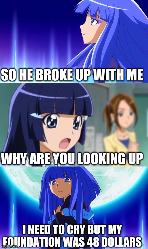 Sure it absolutely was 48 dollars… | SO HE BROKE UP WITH ME; WHY ARE YOU LOOKING UP; I NEED TO CRY BUT MY FOUNDATION WAS 48 DOLLARS | image tagged in smile precure,precure,glitter force,makeup | made w/ Imgflip meme maker