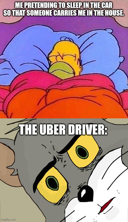 Didn't expect that plot twist huh?? | ME PRETENDING TO SLEEP IN THE CAR SO THAT SOMEONE CARRIES ME IN THE HOUSE. THE UBER DRIVER: | image tagged in homer simpson sleeping peacefully,memes,unsettled tom | made w/ Imgflip meme maker