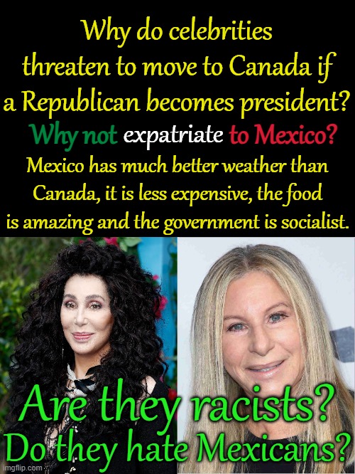 Mexicans are great people.  I just do not know why all of the liberal elitists don't like Mexicans. | Why do celebrities threaten to move to Canada if a Republican becomes president? Why not; to Mexico? expatriate; Mexico has much better weather than Canada, it is less expensive, the food is amazing and the government is socialist. Are they racists? Do they hate Mexicans? | image tagged in narcissism equals racism | made w/ Imgflip meme maker