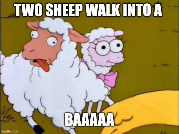 Simpson sheep | TWO SHEEP WALK INTO A; BAAAAA | image tagged in simpson sheep | made w/ Imgflip meme maker