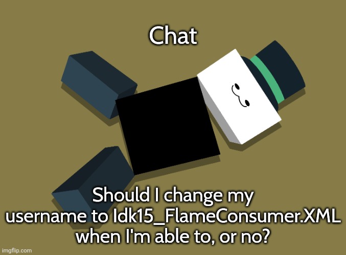 Reeno | Chat; Should I change my username to Idk15_FlameConsumer.XML when I'm able to, or no? | image tagged in reeno | made w/ Imgflip meme maker