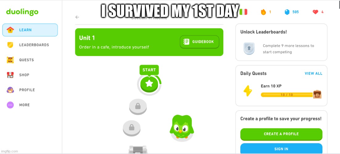 I SURVIVED MY 1ST DAY | image tagged in duolingo | made w/ Imgflip meme maker