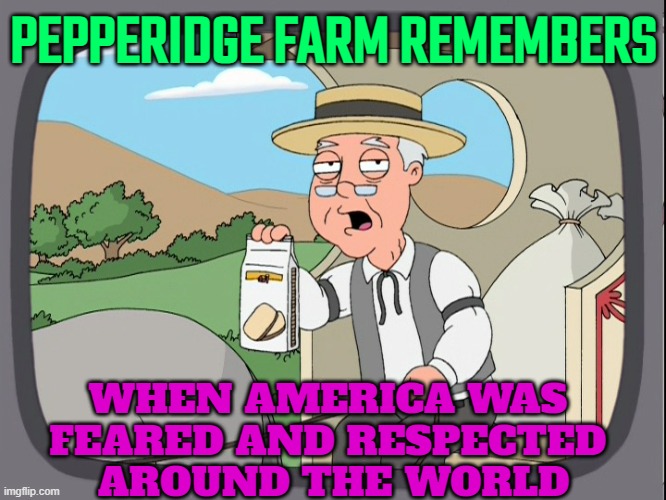 When America Was  Feared And Respected  Around The World | PEPPERIDGE FARM REMEMBERS; WHEN AMERICA WAS 
FEARED AND RESPECTED 
AROUND THE WORLD | image tagged in peperridge farm,scumbag america,american dream,usa,maga,creepy joe biden | made w/ Imgflip meme maker