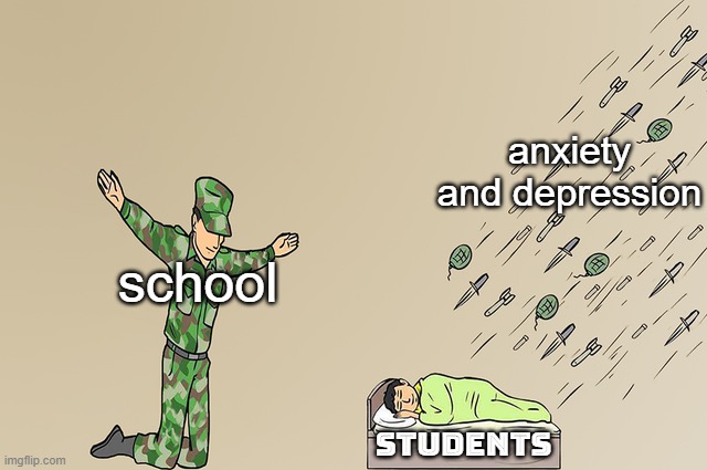 Soldier failing to protect sleeping child | anxiety and depression; school; students | image tagged in soldier failing to protect sleeping child | made w/ Imgflip meme maker