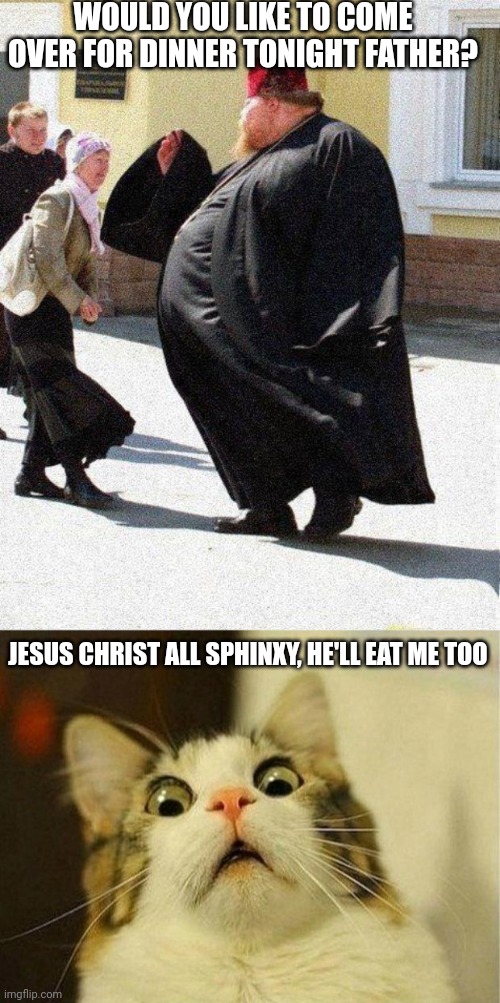 WOULD YOU LIKE TO COME OVER FOR DINNER TONIGHT FATHER? JESUS CHRIST ALL SPHINXY, HE'LL EAT ME TOO | image tagged in fat priest,memes,scared cat | made w/ Imgflip meme maker