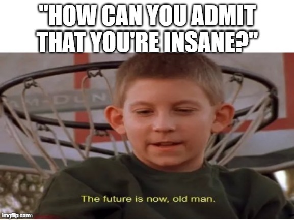The future is now, old man | "HOW CAN YOU ADMIT THAT YOU'RE INSANE?" | image tagged in the future is now old man | made w/ Imgflip meme maker