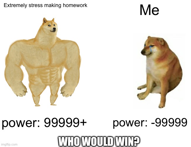 Buff Doge vs. Cheems | Extremely stress making homework; Me; power: 99999+; power: -99999; WHO WOULD WIN? | image tagged in memes,buff doge vs cheems | made w/ Imgflip meme maker