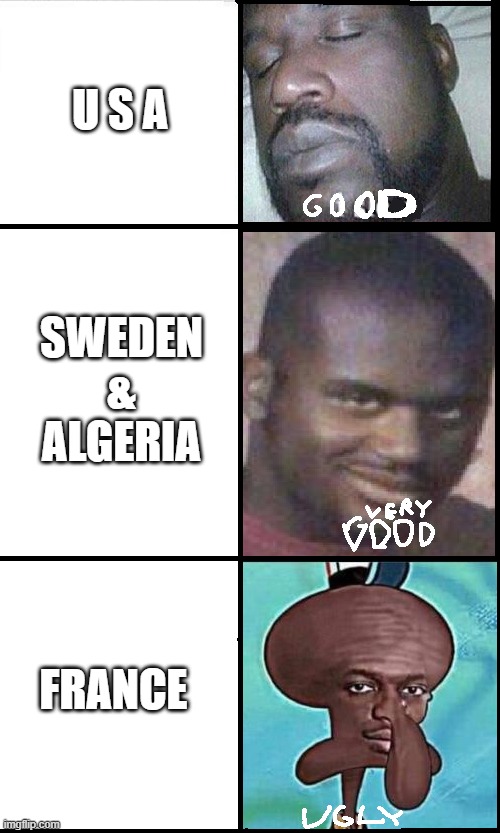 country shaq | U S A; SWEDEN
 & 
ALGERIA; FRANCE | image tagged in shoq good very good ugly | made w/ Imgflip meme maker