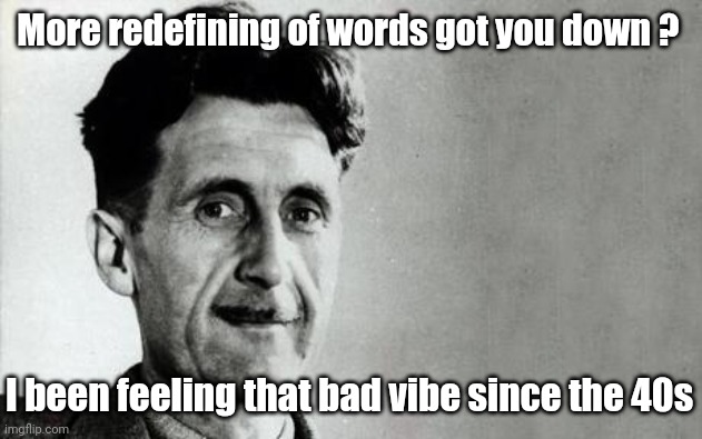 George Orwell | More redefining of words got you down ? I been feeling that bad vibe since the 40s | image tagged in george orwell | made w/ Imgflip meme maker