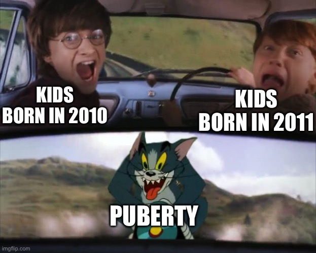 Real pain | KIDS BORN IN 2010; KIDS BORN IN 2011; PUBERTY | image tagged in tom chasing harry and ron weasly | made w/ Imgflip meme maker