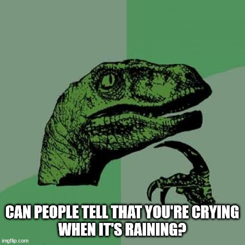 Philosoraptor Meme | CAN PEOPLE TELL THAT YOU'RE CRYING
WHEN IT'S RAINING? | image tagged in memes,philosoraptor | made w/ Imgflip meme maker