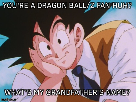 Condescending Goku | YOU'RE A DRAGON BALL/Z FAN HUH? WHAT'S MY GRANDFATHER'S NAME? | image tagged in memes,condescending goku | made w/ Imgflip meme maker