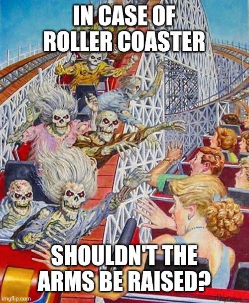 Skeleton Roller Coaster | IN CASE OF ROLLER COASTER SHOULDN'T THE ARMS BE RAISED? | image tagged in skeleton roller coaster | made w/ Imgflip meme maker