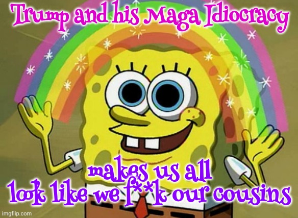 There Are Three Hundred And Thirty Million Of Us And Only Seventy Five Million Voted For The Coup Plotter | Trump and his Maga Idiocracy; makes us all
look like we f**k our cousins | image tagged in memes,imagination spongebob,scumbag trump,scumbag maga,scumbag republicans,lock him up | made w/ Imgflip meme maker