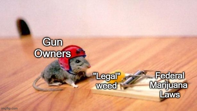 Gov: Smoke up, smokey | Gun Owners; Federal Marijuana 
Laws; "Legal" weed | image tagged in mouse trap | made w/ Imgflip meme maker