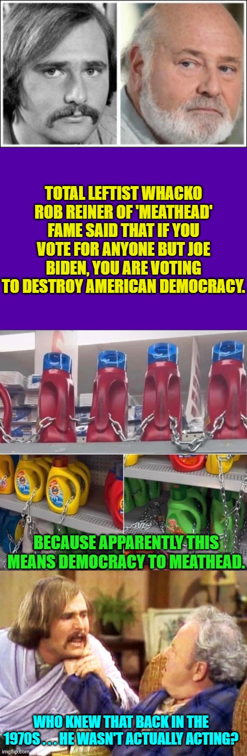 Pssst . . . leftist meatheads, this is a Constitutional Republic. | TOTAL LEFTIST WHACKO ROB REINER OF 'MEATHEAD' FAME SAID THAT IF YOU VOTE FOR ANYONE BUT JOE BIDEN, YOU ARE VOTING TO DESTROY AMERICAN DEMOCRACY. BECAUSE APPARENTLY THIS MEANS DEMOCRACY TO MEATHEAD. WHO KNEW THAT BACK IN THE 1970S . . . HE WASN'T ACTUALLY ACTING? | image tagged in yep | made w/ Imgflip meme maker