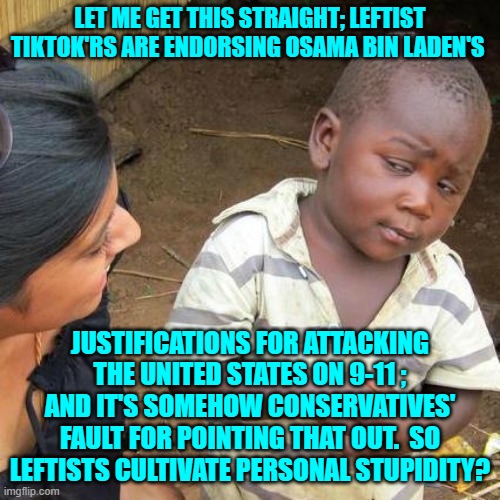 Why yes.  Yes, leftists very obviously do cultivate personal stupidity. | LET ME GET THIS STRAIGHT; LEFTIST TIKTOK'RS ARE ENDORSING OSAMA BIN LADEN'S; JUSTIFICATIONS FOR ATTACKING THE UNITED STATES ON 9-11 ; AND IT'S SOMEHOW CONSERVATIVES' FAULT FOR POINTING THAT OUT.  SO LEFTISTS CULTIVATE PERSONAL STUPIDITY? | image tagged in third world skeptical kid | made w/ Imgflip meme maker