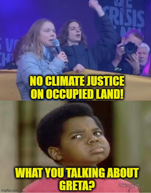 Activist word salad | NO CLIMATE JUSTICE
ON OCCUPIED LAND! WHAT YOU TALKING ABOUT
GRETA? | image tagged in activism | made w/ Imgflip meme maker