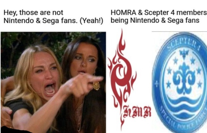 What if K Project fans will compare HOMRA & Scepter 4 to Nintendo & Sega due to their similar color schemes w/console wars joke? | image tagged in woman yelling at cat,console wars,sega,nintendo | made w/ Imgflip meme maker