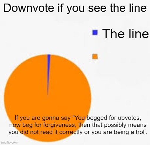 Pie Chart Meme | Downvote if you see the line; The line; If you are gonna say "You begged for upvotes, now beg for forgiveness, then that possibly means you did not read it correctly or you are being a troll. | image tagged in pie chart,charts,pie chart meme,upvote begging | made w/ Imgflip meme maker