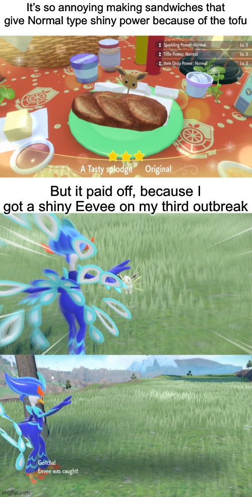 I’m probably gonna evolve it into Espeon | It’s so annoying making sandwiches that give Normal type shiny power because of the tofu; But it paid off, because I got a shiny Eevee on my third outbreak | made w/ Imgflip meme maker