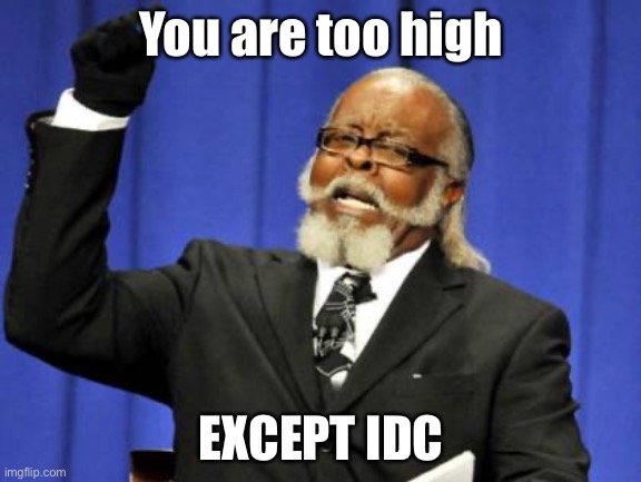 But IDC | You are too high; EXCEPT IDC | image tagged in memes,too damn high | made w/ Imgflip meme maker