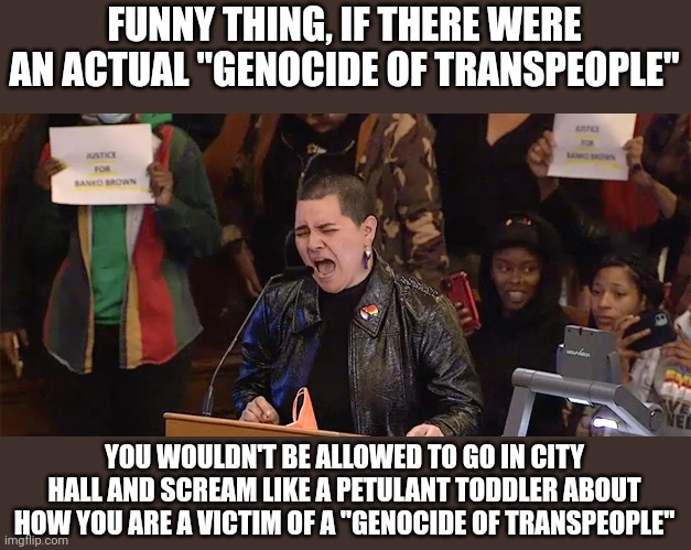 Anyone else would've called security to drag her out | FUNNY THING, IF THERE WERE AN ACTUAL "GENOCIDE OF TRANSPEOPLE"; YOU WOULDN'T BE ALLOWED TO GO IN CITY HALL AND SCREAM LIKE A PETULANT TODDLER ABOUT HOW YOU ARE A VICTIM OF A "GENOCIDE OF TRANSPEOPLE" | image tagged in lgbtq,tired of hearing about transgenders,stupid liberals,snowflake,san francisco,sjws | made w/ Imgflip meme maker