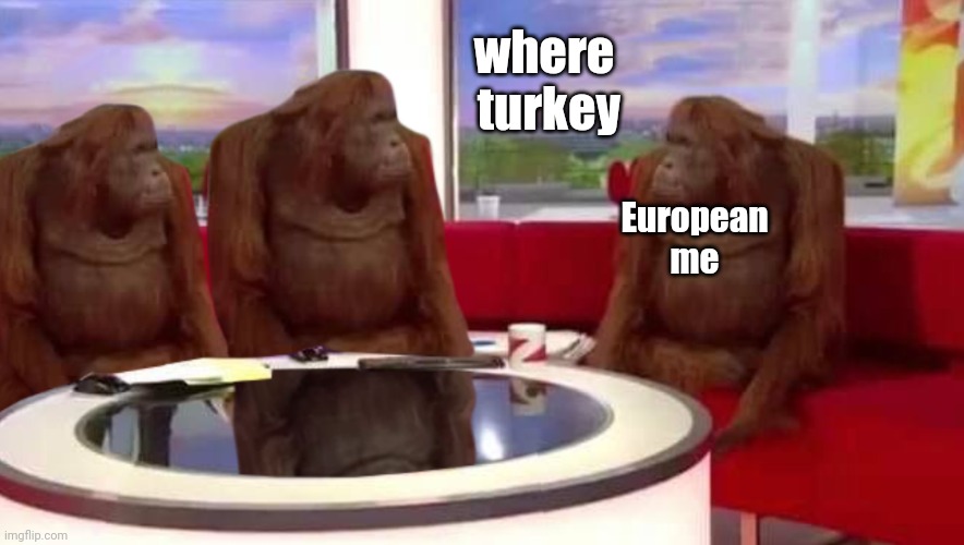 Happy Thanksgiving! (even tho I'm Irish) | where
 turkey; European
me | image tagged in where monkey,thanksgiving,europe | made w/ Imgflip meme maker