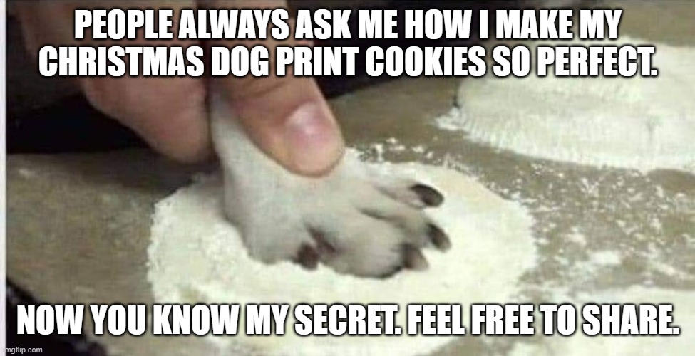 meme by Brad Christmas dog print cookies | PEOPLE ALWAYS ASK ME HOW I MAKE MY CHRISTMAS DOG PRINT COOKIES SO PERFECT. NOW YOU KNOW MY SECRET. FEEL FREE TO SHARE. | image tagged in christmas memes | made w/ Imgflip meme maker