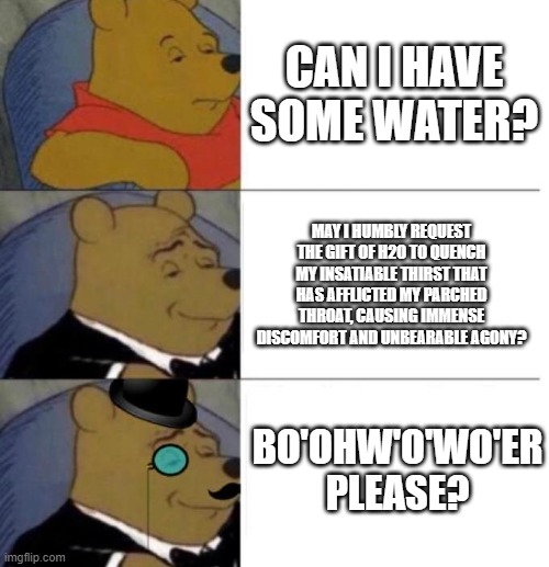 Tuxedo Winnie the Pooh (3 panel) | CAN I HAVE SOME WATER? MAY I HUMBLY REQUEST THE GIFT OF H2O TO QUENCH MY INSATIABLE THIRST THAT HAS AFFLICTED MY PARCHED THROAT, CAUSING IMM | image tagged in tuxedo winnie the pooh 3 panel | made w/ Imgflip meme maker