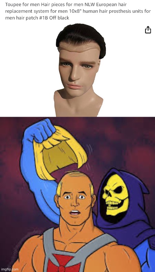 image tagged in he man wears a toupee skeletor big reveal,wig,bald,hair,head | made w/ Imgflip meme maker