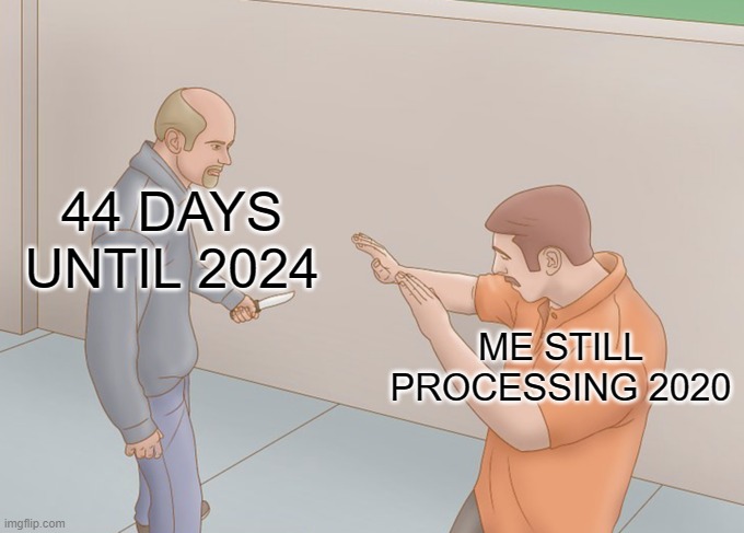 I can't believe how fast time is moving | 44 DAYS UNTIL 2024; ME STILL PROCESSING 2020 | image tagged in me still processing,2020,2024 | made w/ Imgflip meme maker