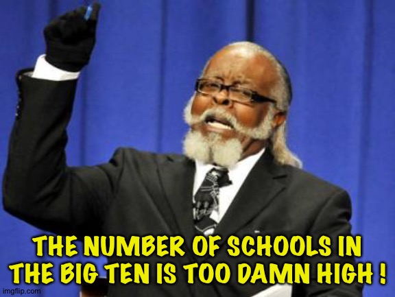 Presently 14, with 4 more joining in 2024, plus 2 associate members, it's literally a coast-to-coast conference | THE NUMBER OF SCHOOLS IN THE BIG TEN IS TOO DAMN HIGH ! | image tagged in memes,too damn high | made w/ Imgflip meme maker