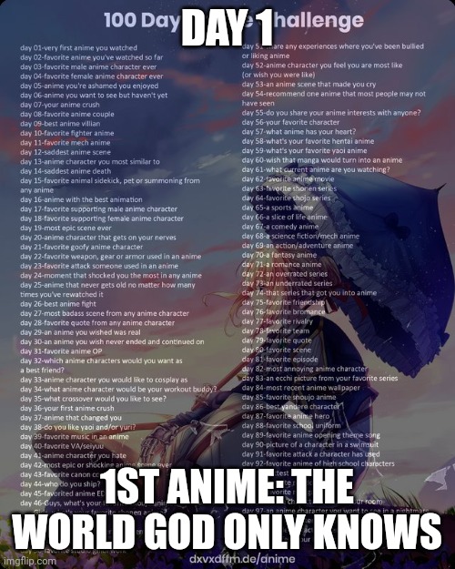 True | DAY 1; 1ST ANIME: THE WORLD GOD ONLY KNOWS | image tagged in 100 day anime challenge | made w/ Imgflip meme maker