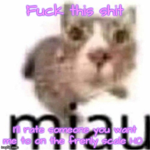 miau | Fuck this shit; I'll rate someone you want me to on the frenly scale 1-10 | image tagged in miau | made w/ Imgflip meme maker