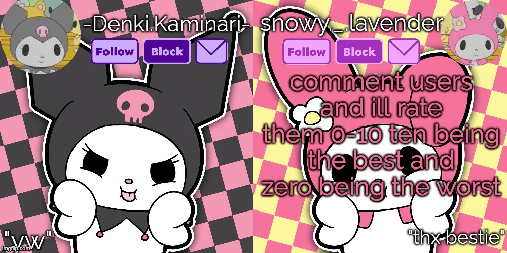 doing it again since nobody commented on my last one except corpse tysm corpse <3 :) | comment users and ill rate them 0-10 ten being the best and zero being the worst | image tagged in lavender denki temp | made w/ Imgflip meme maker