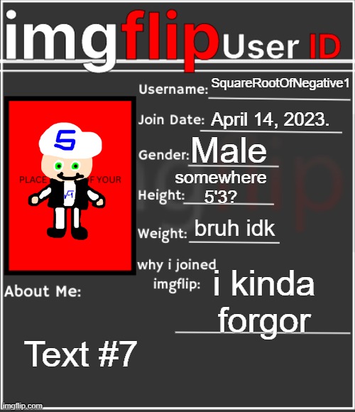 ig i'll do it | SquareRootOfNegative1; April 14, 2023. Male; somewhere 5'3? bruh idk; i kinda forgor; Text #7 | image tagged in imgflip user id | made w/ Imgflip meme maker