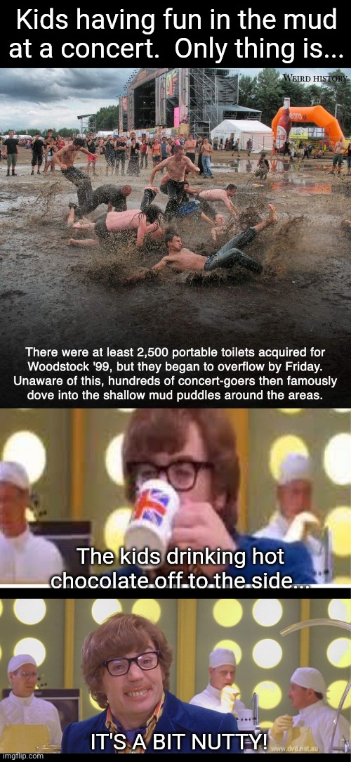 Mud slide? | Kids having fun in the mud at a concert.  Only thing is... The kids drinking hot chocolate off to the side... IT'S A BIT NUTTY! | image tagged in it s a bit nutty,thats not mud,woodstock,1999,austin powers,thats not hot chocolate | made w/ Imgflip meme maker