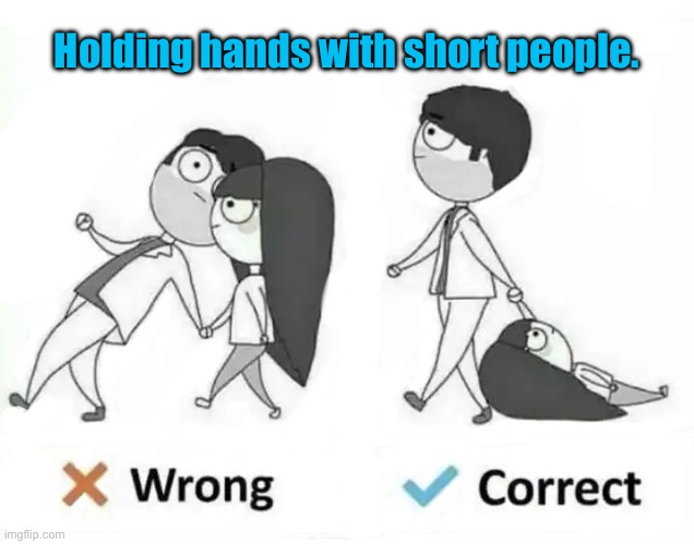 Short people | Holding hands with short people. | image tagged in holding hands,with short people,wrong,right,fun | made w/ Imgflip meme maker