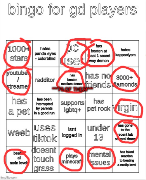 fine, i'll take the other bingo. | ***73 OF THEM*** | image tagged in gd bingo | made w/ Imgflip meme maker