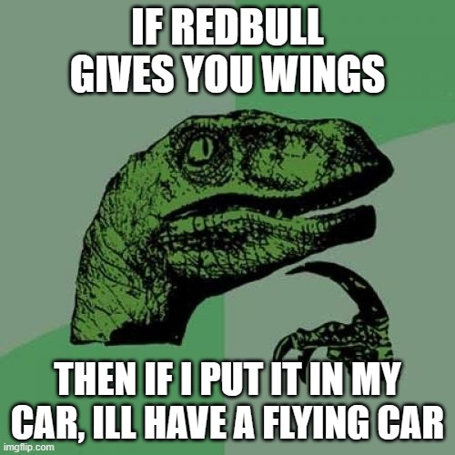 redbull gives you wing's | IF REDBULL GIVES YOU WINGS; THEN IF I PUT IT IN MY CAR, ILL HAVE A FLYING CAR | image tagged in memes,philosoraptor | made w/ Imgflip meme maker