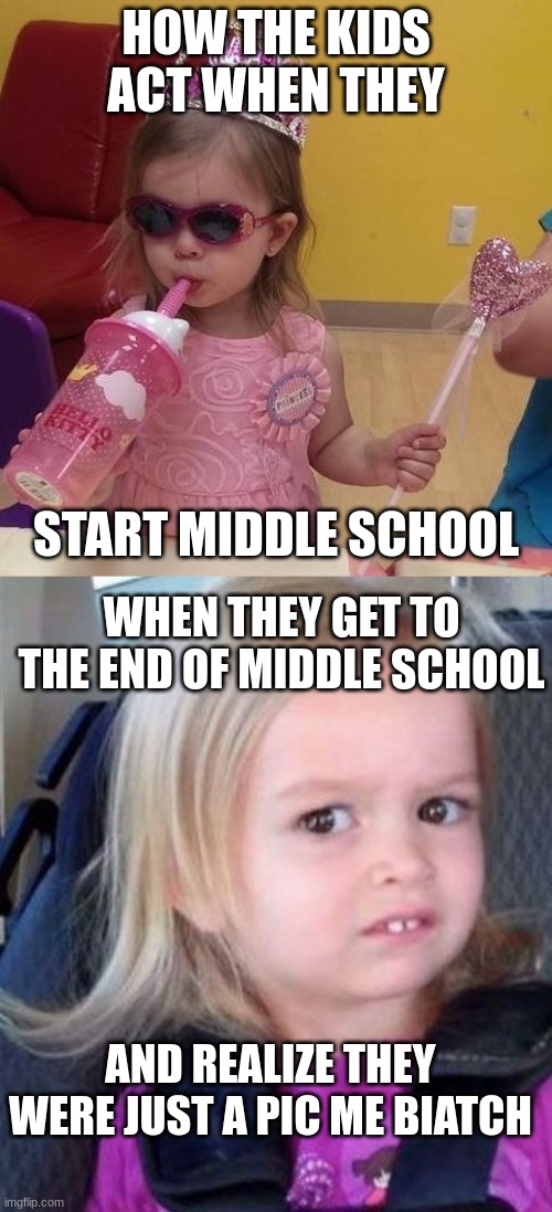 HOW THE KIDS ACT WHEN THEY; START MIDDLE SCHOOL; WHEN THEY GET TO THE END OF MIDDLE SCHOOL; AND REALIZE THEY WERE JUST A PIC ME BIATCH | made w/ Imgflip meme maker