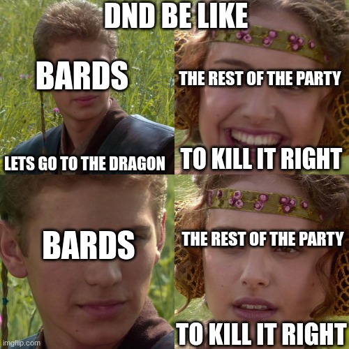 Anakin Padme 4 Panel | DND BE LIKE; BARDS; THE REST OF THE PARTY; LETS GO TO THE DRAGON; TO KILL IT RIGHT; BARDS; THE REST OF THE PARTY; TO KILL IT RIGHT | image tagged in anakin padme 4 panel | made w/ Imgflip meme maker