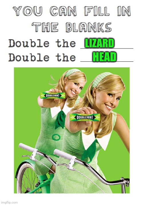 Memes, Doublemint Gum, Double The Pleasure | LIZARD HEAD | image tagged in memes doublemint gum double the pleasure | made w/ Imgflip meme maker