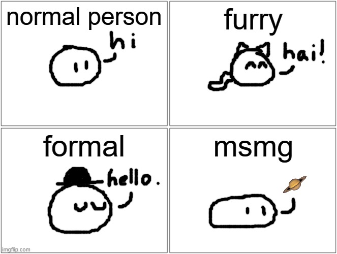 how to say hi | normal person; furry; formal; msmg | image tagged in memes,blank comic panel 2x2 | made w/ Imgflip meme maker