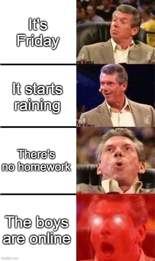 The best feeling in the world. | It's Friday; It starts raining; There's no homework; The boys are online | image tagged in vince mcmahon reaction w/glowing eyes,memes,funny,nice,lol | made w/ Imgflip meme maker